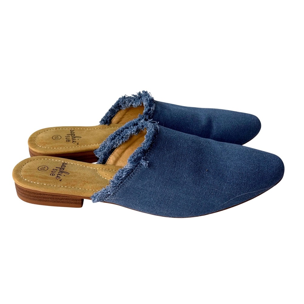 Sophie Sue Womens Blue Denim Frayed Trim Pointed Toe Mule Slides Size 10